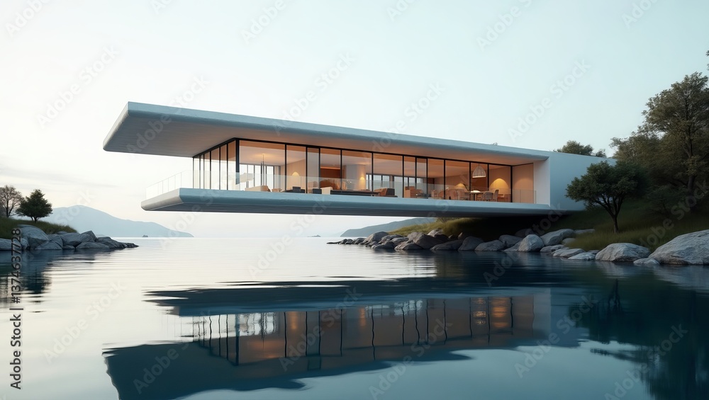 Obraz premium Modern waterfront residence: Serene architectural design seamlessly blending with nature, offering panoramic views and tranquil living.