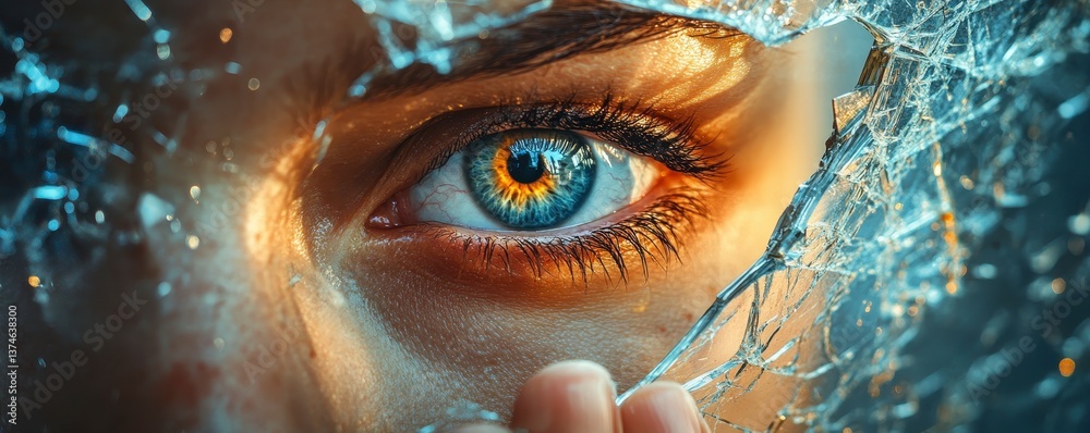 Obraz premium A close-up of an eye breaking through a glass surface, showcasing vibrant colors and intricate details, symbolizing clarity and emotional depth.