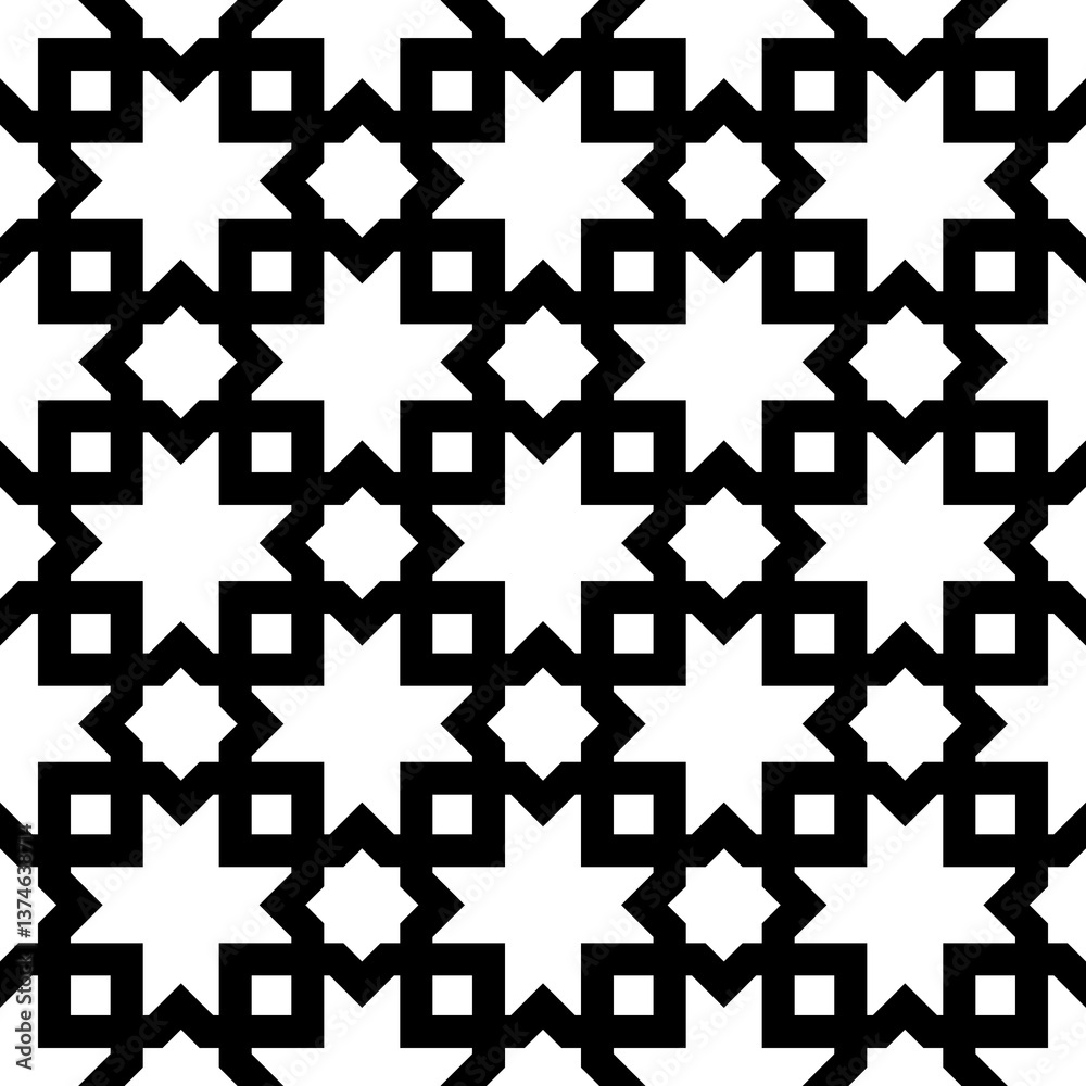 Obraz premium Seamless surface pattern design with Moroccan stars and crosses tiles ornament. Oriental traditional ornamentation with repeated geometric shapes. Ancient mosaic wallpaper. Grid motif. Digital paper.