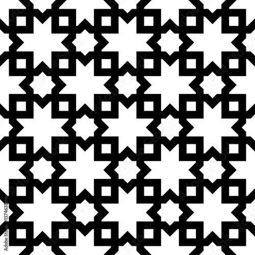 Seamless surface pattern design with Moroccan stars and crosses tiles ornament. Oriental traditional ornamentation with repeated geometric shapes. Ancient mosaic wallpaper. Grid motif. Digital paper.