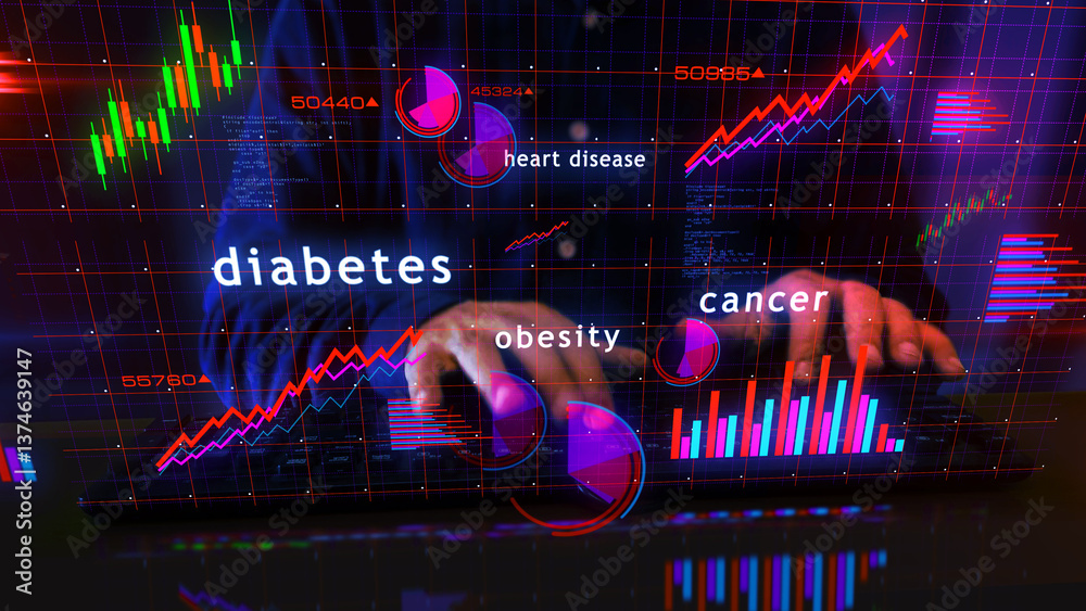 Civilization diseases charts graphs display with man typing keyboard