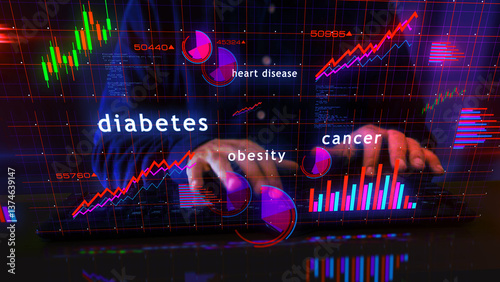 Obraz na płótnie Civilization diseases charts graphs display with man typing keyboard w salonie