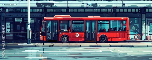 Red bus at a station during the night with reflections on the wet road.