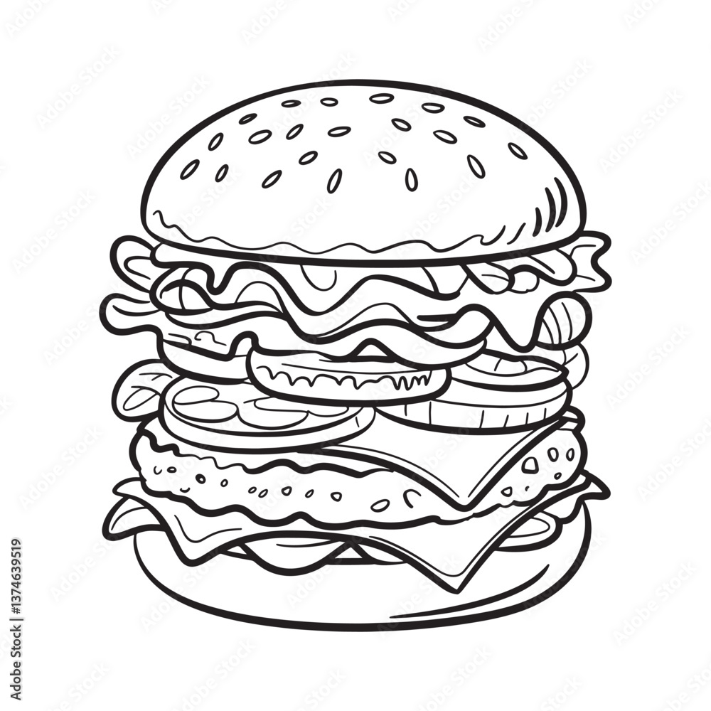 Burger line art vector illustration isolated on white background Burger line art vector illustration isolated on white background