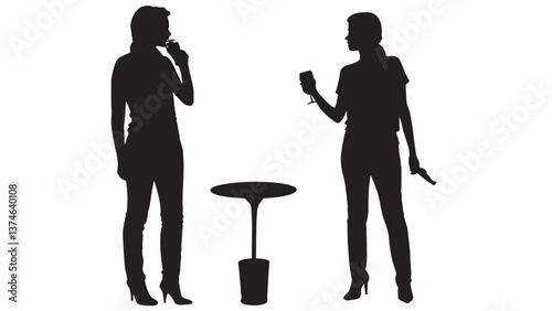 Vector illustration of silhouette of young women drinking wine