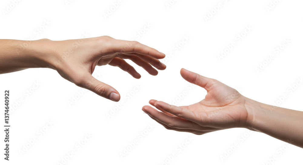 Two hands reaching towards each other in a gesture of offering or connection against black background Two hands reaching towards each other in a gesture of offering or connection against black background