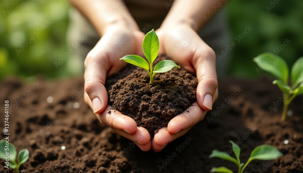 Hands holding a small green plant in soil. Hands holding a small green plant in soil.