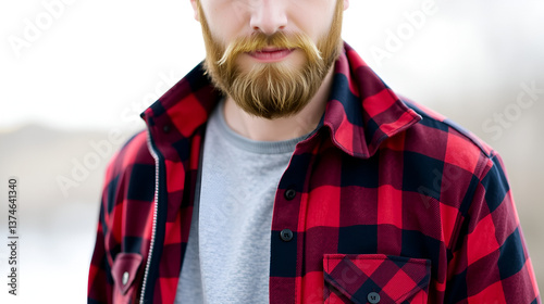 Portrait of a Bearded Man in Red Plaid Shirt