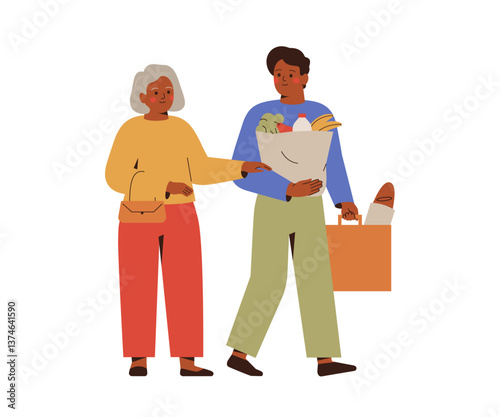 young man carrying groceries for senior old aged woman. Male volunteer helps mature female with food shopping. Support and care for elder people. Flat vector illustration isolated on white background