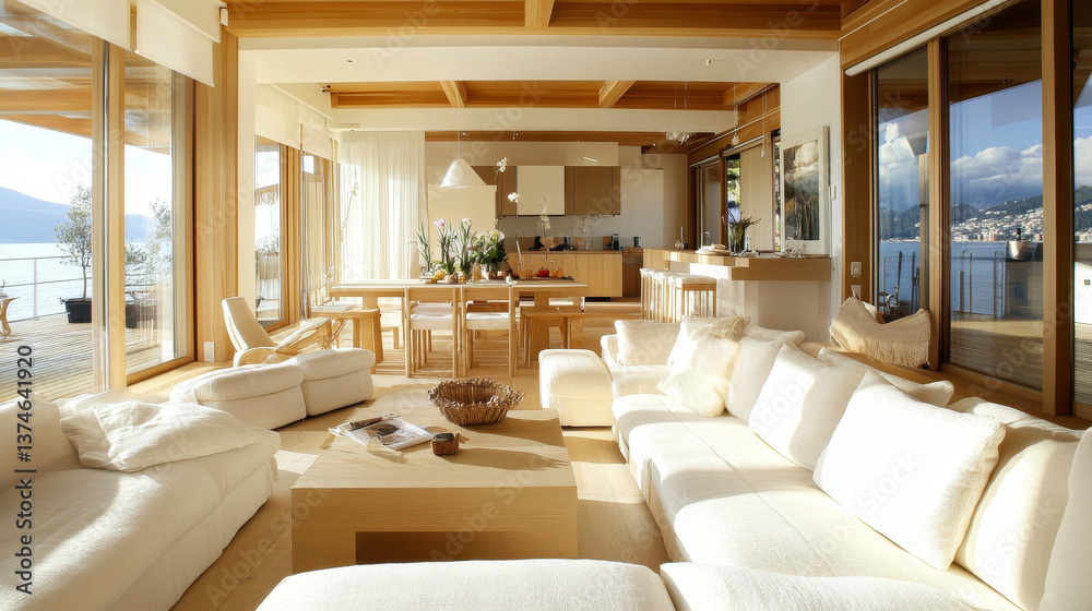 Bright and airy living space with soft furnishings, natural wood, and abstract artwork. A serene and stylish interior. Bright and airy living space with soft furnishings, natural wood, and abstract artwork. A serene and stylish interior.