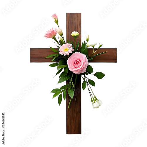 Wooden cross adorned with pink roses and white flowers against a black background in a studio shot