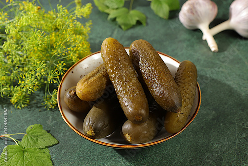 Fresh pickled cucumbers in a bowl with garlic and dill on a concrete table, village harvest, homemade pickling recipe, cucumbers and ingredients for pickling, home canning concept