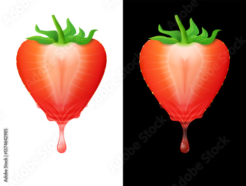 Strawberry slice with drops of fresh juice isolated on white and black. Strawberry juice flows from cut of strawberry fruit. Vector image for fresh drinks, healthy nutrition, cooking, gastronomy