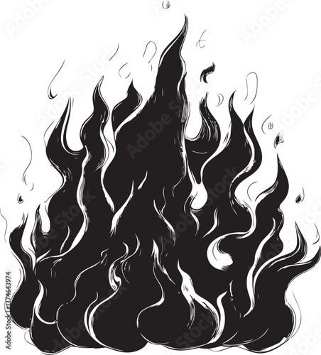 Black and white flame illustration with stylized