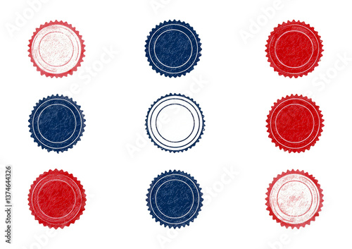 Colorful round stamps with textured designs on transparent background