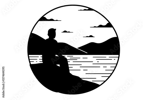 Person Relaxing Overlooking Peaceful Nature Landscape Silhouette Vector Icon
