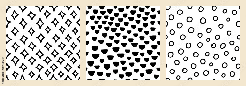 Set of hand drawn seamless black and white textures with dots, circles, stars, and dashed strokes. Fun doodle vector repeat patterns, perfect for fabrics, packaging, backgrounds, and creative designs