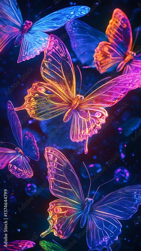 Naklejka premium Floating acrylic butterflies lit with beautiful luminescent colors image