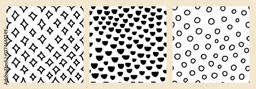 Set of hand drawn seamless black and white textures with dots, circles, stars, and dashed strokes. Fun doodle vector repeat patterns, perfect for fabrics, packaging, backgrounds, and creative designs
