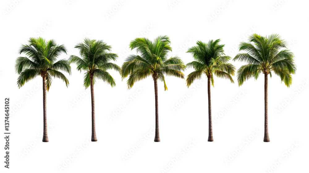 Group of five palm trees with lush green leaves standing tall Group of five palm trees with lush green leaves standing tall