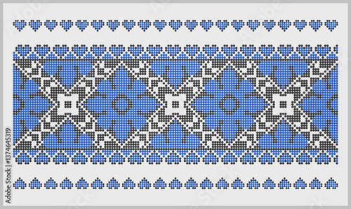 Traditional southern Ukraine vyshyvanka embroidery and beads pattern with floral and hearts ornament in blue and black