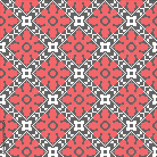 Traditional pixel ornament from southern Ukraine seamless pattern with red and black botanic decor