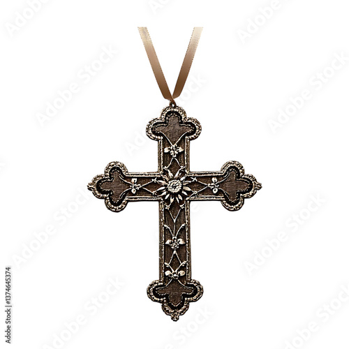 A decorative ornate cross with a ribbon on a black background with floral and vine embellishments
