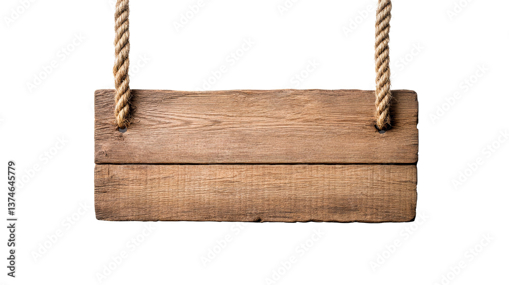 Rustic wooden sign with rope hanging on a transparent background Rustic wooden sign with rope hanging on a transparent background