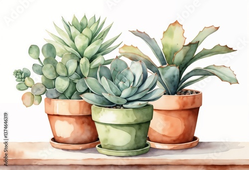 Watercolor succulents in pots on a shelf  