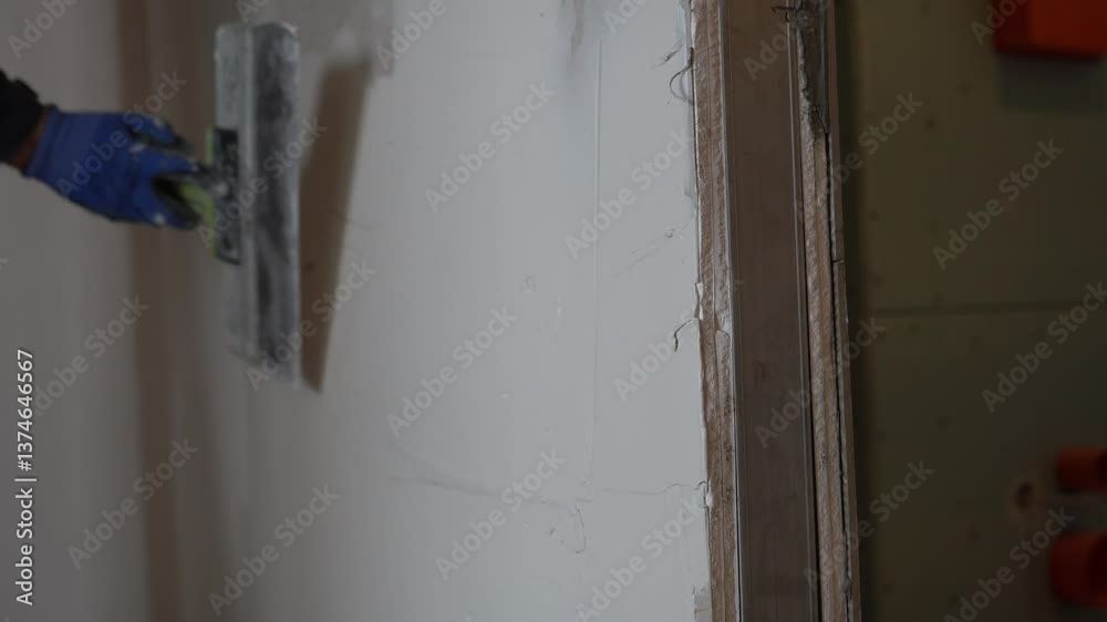 Leveling the plaster on the wall with a metal trowel. The builder puts putty on the wall in the apartment. High quality 4k footage Leveling the plaster on the wall with a metal trowel. The builder puts putty on the wall in the apartment. High quality 4k footage