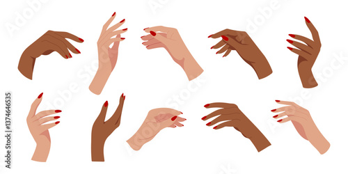 A set of ten hand drawings with red nails. The hands are of different colors and sizes, and they are all lined up next to each other. Concept of variety and diversity
