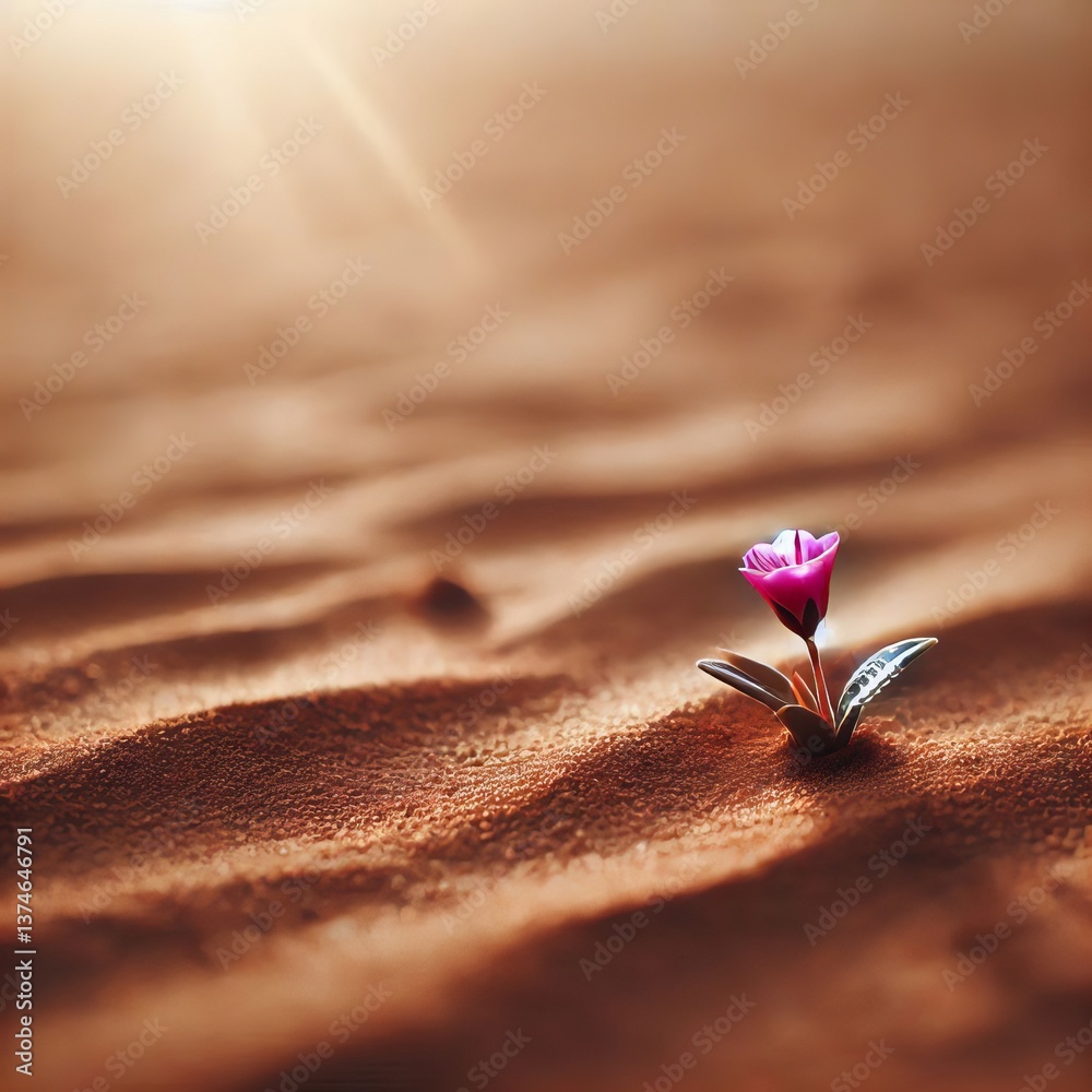 A close-up shot of a delicate purple flower growing from the arid desert floor, with soft sunlight illuminating its petals A close-up shot of a delicate purple flower growing from the arid desert floor, with soft sunlight illuminating its petals