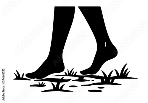 Barefoot Grounding on Grass Silhouette Vector for Nature Therapy