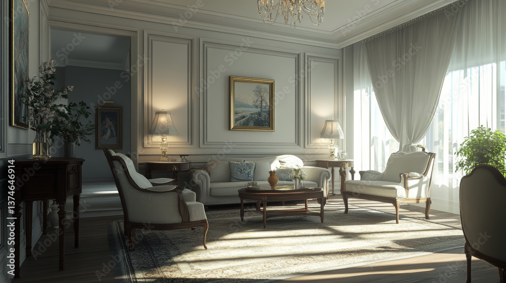 Fototapeta premium A living room arrangement focusing on geometric forms and muted colors, ideal for relaxation. Stylish armchair and furniture. Copy space.