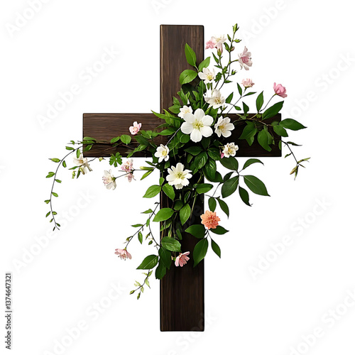 Wooden cross adorned with white and pink flowers and green leaves against a black background view