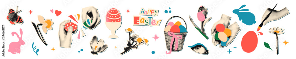 Easter halftone collage elements set. Cut out paper clipping shapes for mixed media design, Easter eggs, bunny, spring flowers, hands with vintage dot texture, doodles Modern retro vector illustration