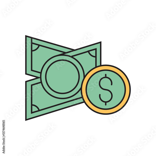 Creative Financial Illustration Featuring Green Dollar Bills and Coin Symbolizing Wealth, Prosperity, and Economic Growth