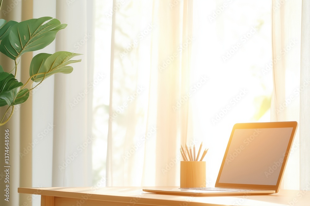 Fototapeta premium Confident Female Freelancer Working Remotely From Home Office With Laptop, Tablet, and Natural Light Decor