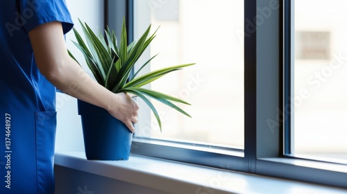 Nurse Placing Potted Plant on Hospital Windowsill for Symbolic Healing