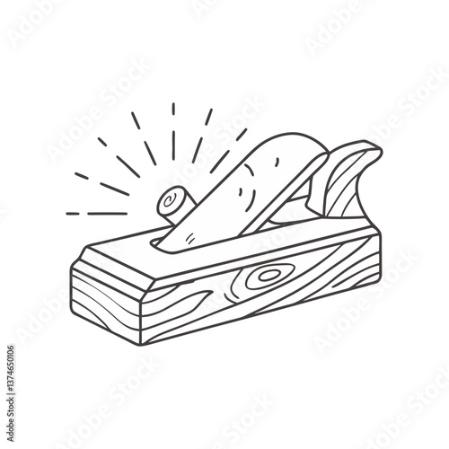 Vector illustration of a wooden hand plane tool with motion lines in a clean, minimal linear style symbolizing traditional woodworking.