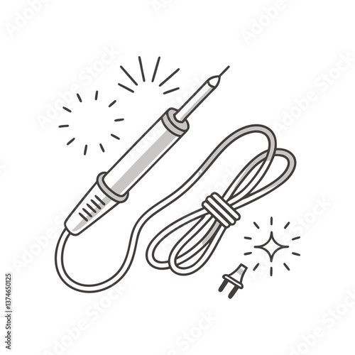 Vector illustration of an electric soldering iron with cord and spark accents in a minimal linear style, symbolizing repair and electronics work.
