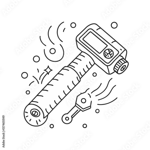 Vector illustration of a digital torque wrench with swirling motion lines and mechanical accents in a minimal, linear style.