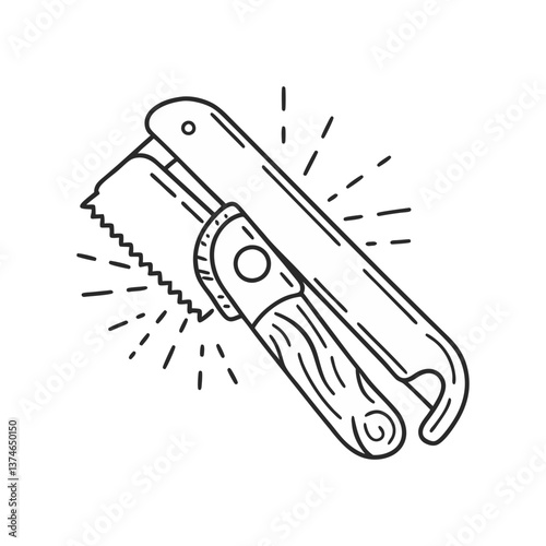 Vector illustration of a folding hand saw with textured handle and dynamic lines in a clean, minimal linear style representing portable tools.