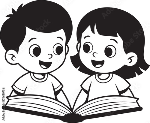 A simple black and white silhouette illustration of two children reading open book