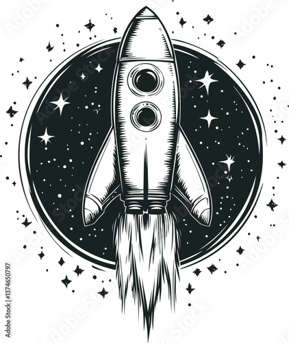 Rocket launching with fire illustration in black