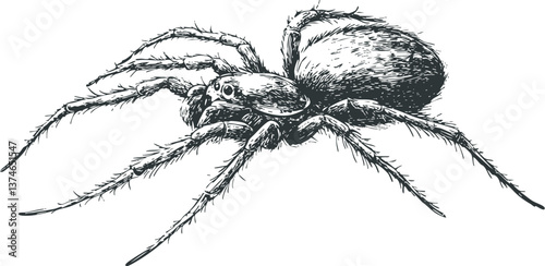 Close-up of spider on web hand-drawn in black and white illustration. Vector illustration
