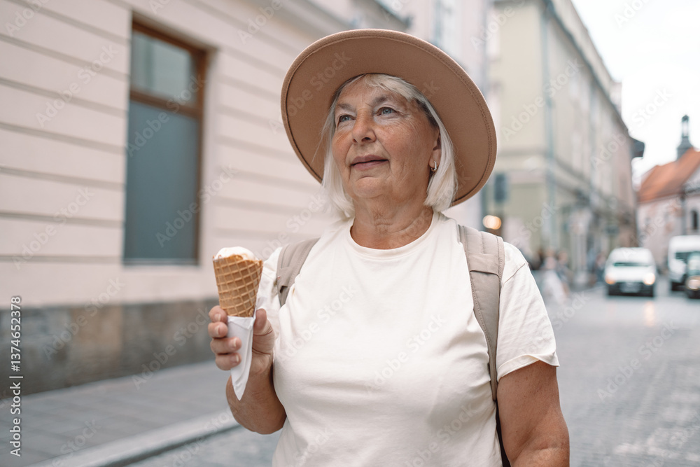60s senior woman walking leisurely down a city street with a cone of ice cream, enjoying a moment of calm and happiness under the sun. A perfect blend of relaxation and indulgence.