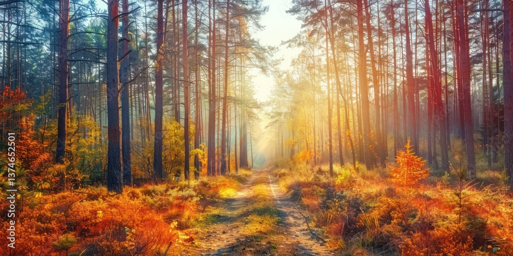 Fototapeta premium Autumn nature landscape sunny forest beautiful colorful trees woodland sunlight, colourful foliage gold ray vibrant.