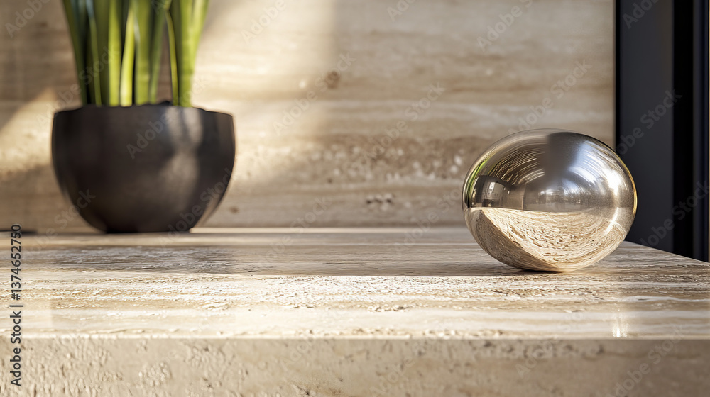 Close-up of a travertine coffee table with organic decor. Sculptural ceramics and a reflective metal accent add sophistication to the neutral setting.