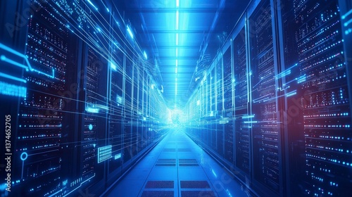 Massive AI Driven Data Center with Glowing Server Racks and Processing
